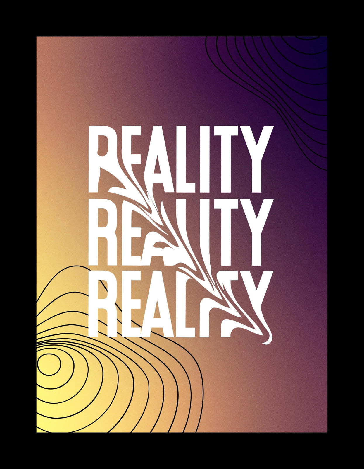 A kép egy merész színátmenetet mutat, aranytól lila árnyalatokig, középpontjában a "REALITY" szó többszöri megismétlésével, ami egy vizuális élményt nyújtó, dinamikus hatást kelt. 