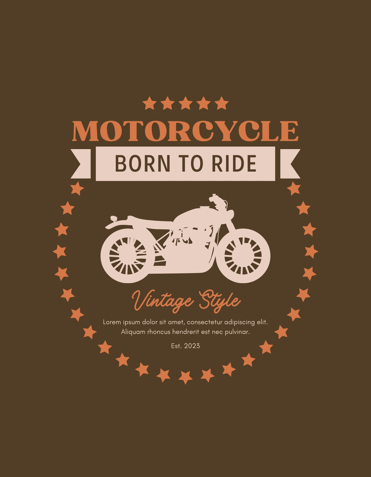 Vintage motorkerékpár dizájn született lovasoknak, csillagokkal és dátummal körbevéve, merész és kalandos kinézetben. 