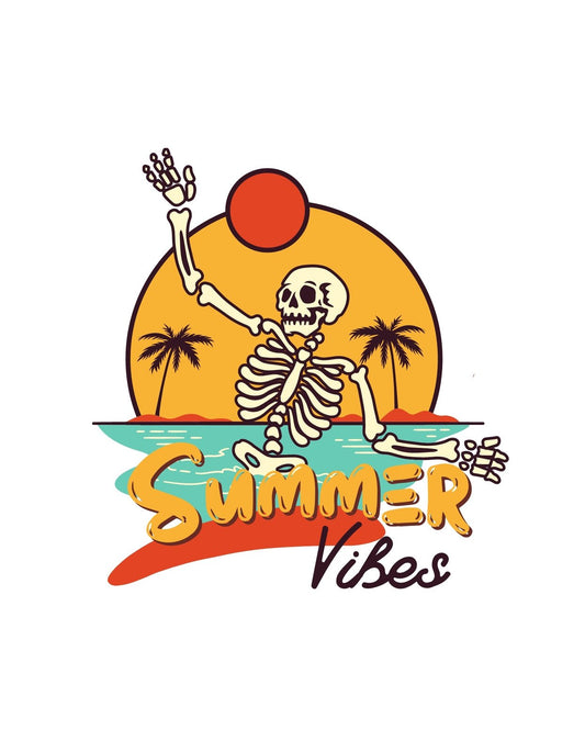 Egy vidám csontvázat ábrázoló design, amint a nyári napsütésben lazít, körbevéve pálmafákkal és a "Summer Vibes" felirattal. 