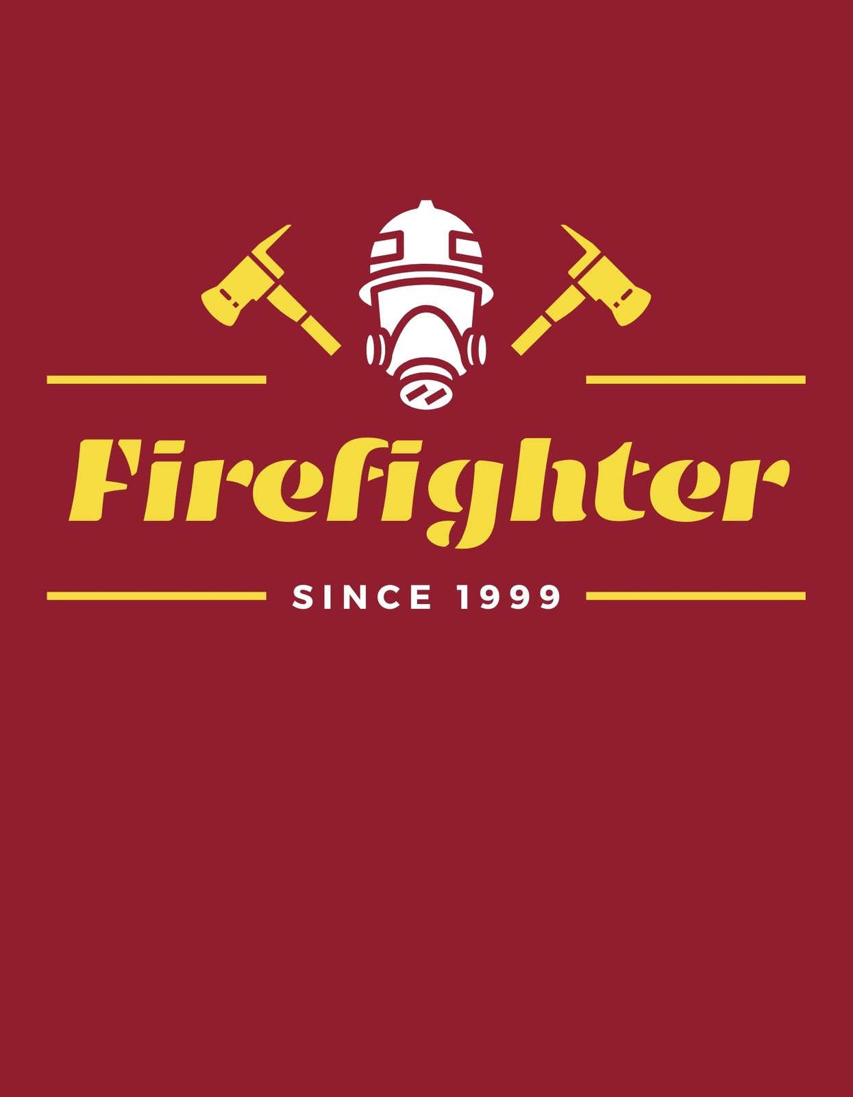 Egy bátor és hősies tűzoltó sisakot ábrázoló dizájn, keresztezett fejszékkel és a "Firefighter - Since 1999" felirattal. A borvörös háttér erőt és bátorságot sugároz.