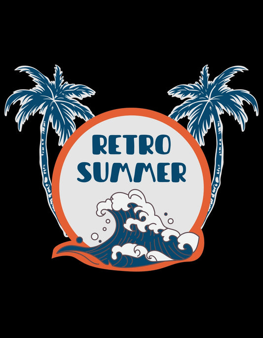 Egy igazi nosztalgikus nyári hangulatú kép, amelyen pálmafák és hullámok láthatók a "RETRO SUMMER" felirattal. 