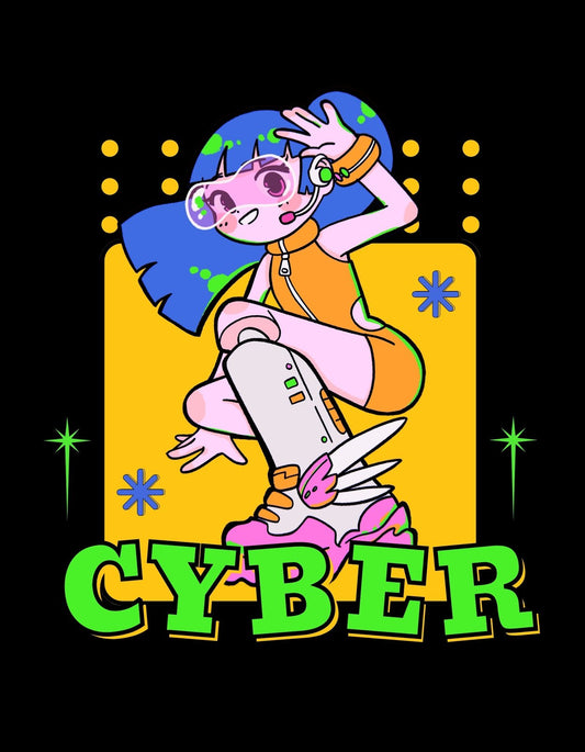 Egy modern, színes grafikával díszített kép, amely egy anime-inspirált lányt ábrázol, nagy fejhallgatóval és futurisztikus viseletben. A háttér sötét, hangsúlyozva a karakter élénk színeit és a "CYBER" feliratot. 