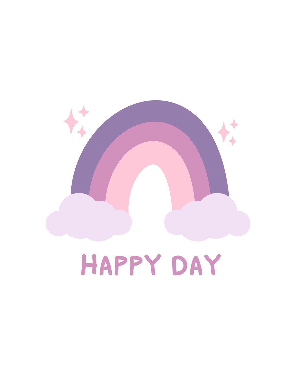 Egy békés színátmenetes szivárvány ringatja a feliratot, "HAPPY DAY" -t, melyet kedves felhők és csillagok vesznek körül, teremtve egy derűs és vidám hangulatot. 