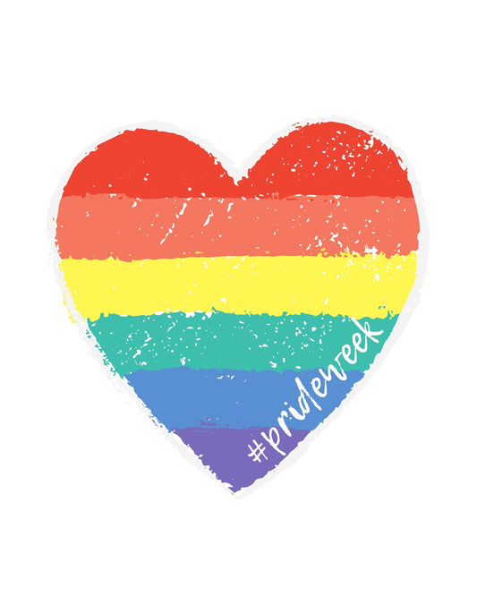 Egy színes szivárványszínű szív díszíti a képet, szimbolizálva az elfogadást és a sokféleséget, "#prideweek" felirattal, amely az LMBTQ+ közösség támogatását fejezi ki. 