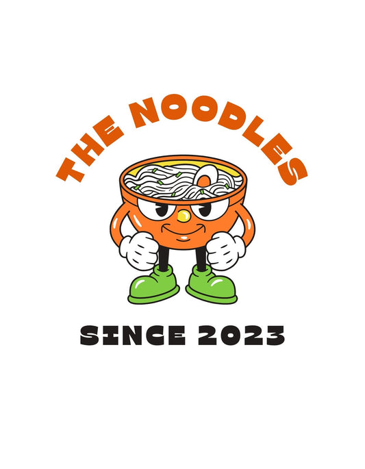 Egy vidám tál noodles, mely erőt sugárzó karokkal és cipőkkel rendelkezik, középen a "THE NOODLES SINCE 2023" felirattal.