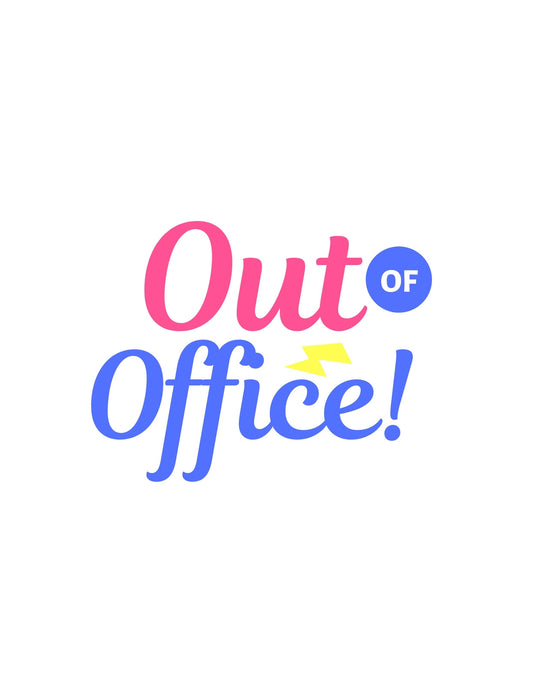 Egy laza stílusú dizájn, amely a "Out of Office" szöveggel büszkélkedik vidám színkombinációjával és villám mintájával, jókedvet sugárzó kivitelben. 