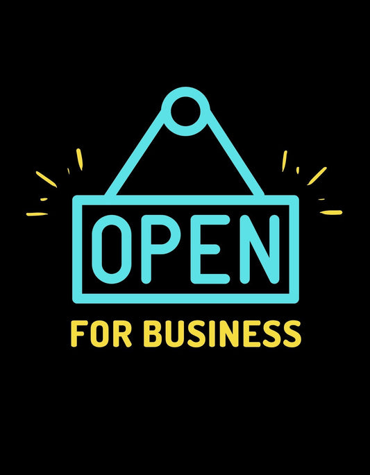 Vibráló neon színekkel ellátott tábla, amely az "Open for Business" szöveget mutatja. Dinamikus és üzleti hangulatot áraszt. 
