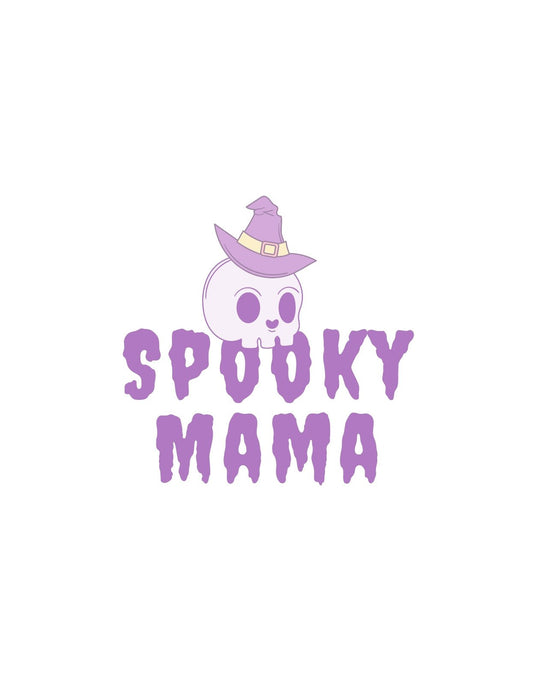 Egy aranyos szellemke látható boszorkány kalapban, a "Spooky Mama" felirattal, mely egy játékos és kedves hangulatot áraszt. 