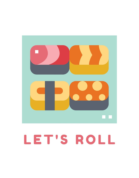 Négy színes, rajzolt sushi darab látható egymás mellett, színes háttérrel, alattuk a "Let's Roll" felirat található. 