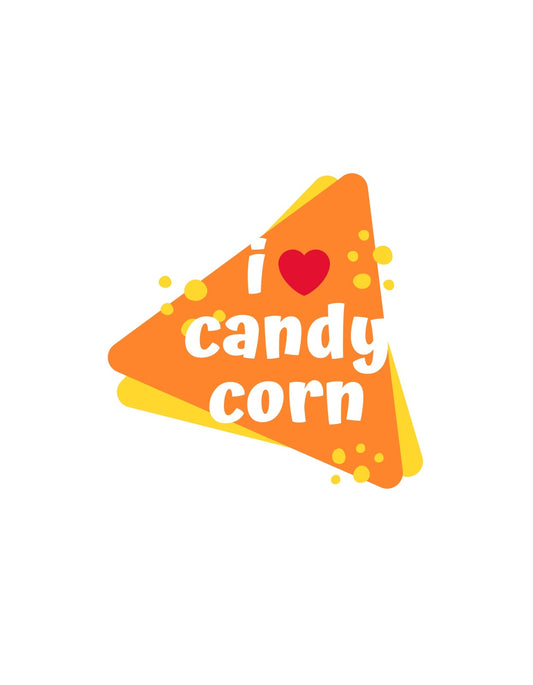 Egy vidám, színes dizájn, ami egy narancssárga, háromszög alakú cukorkakukorica szeletet ábrázol, amelyen az "I ♥ candy corn" szöveg található. 