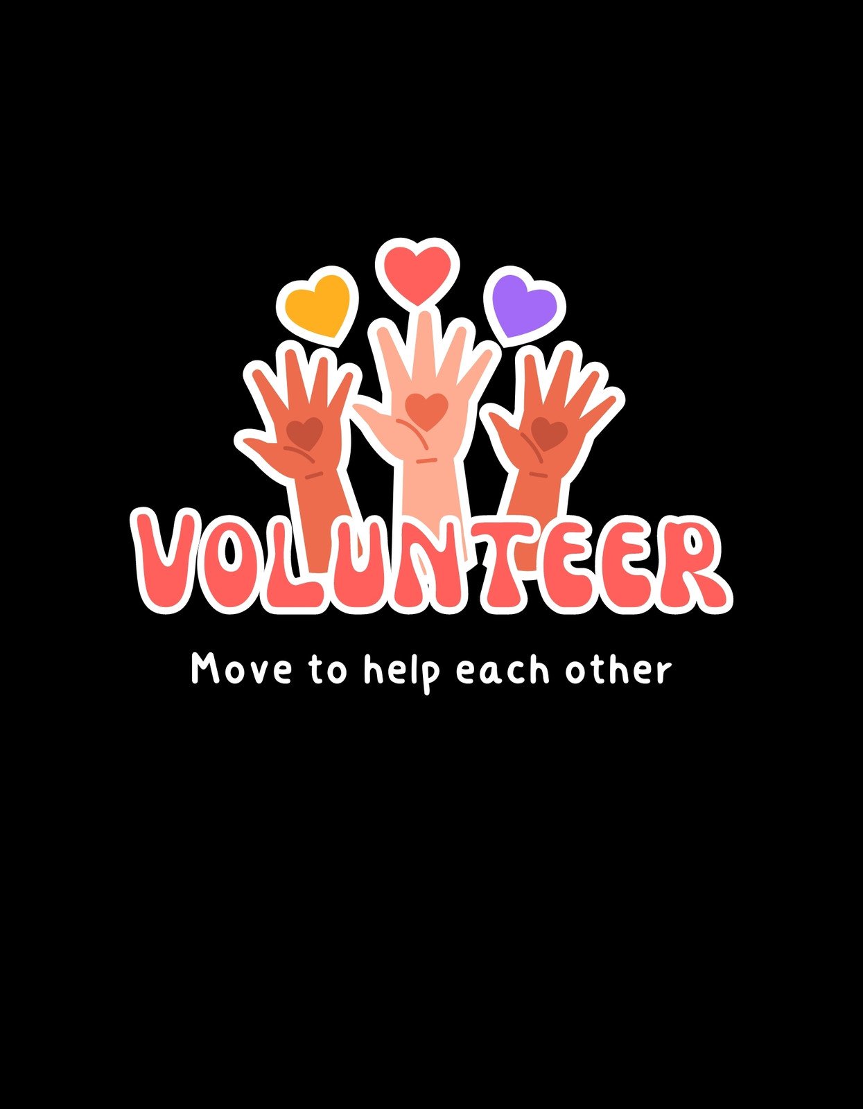 Önkéntesség szellemét megjelenítő grafika, különböző színű kezek és szívek színesítik, középen a "VOLUNTEER" felirattal. 