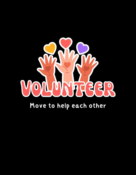 Önkéntesség szellemét megjelenítő grafika, különböző színű kezek és szívek színesítik, középen a "VOLUNTEER" felirattal. 