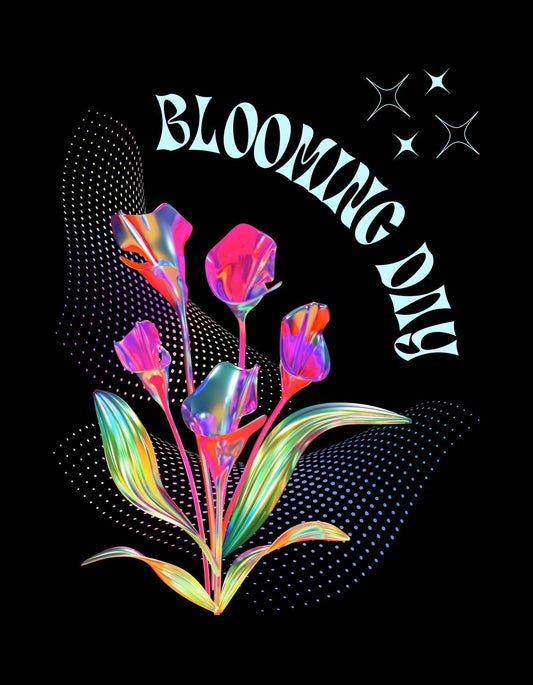 Egy holografikus hatású tulipánokkal díszített design, ami egy futurisztikus, vibráló energia érzetét kelti, az "Blooming Day" szöveggel együtt, amely kiemeli a növény virágzását és a természet megújulását. 