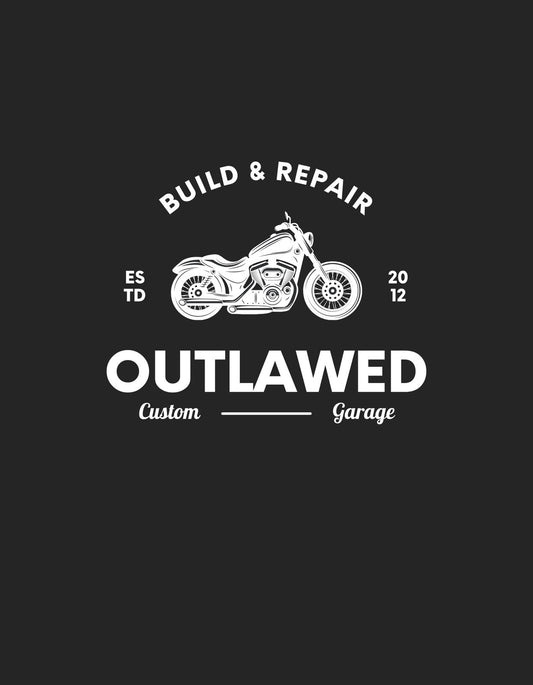 Motoros garázs mintás dizájn, ahol egy klasszikus motorkerékpár látható a "Build & Repair" és "Outlawed Custom Garage" feliratokkal. Erőt, szabadságot és a kézműves munka szeretetét sugározza. 
