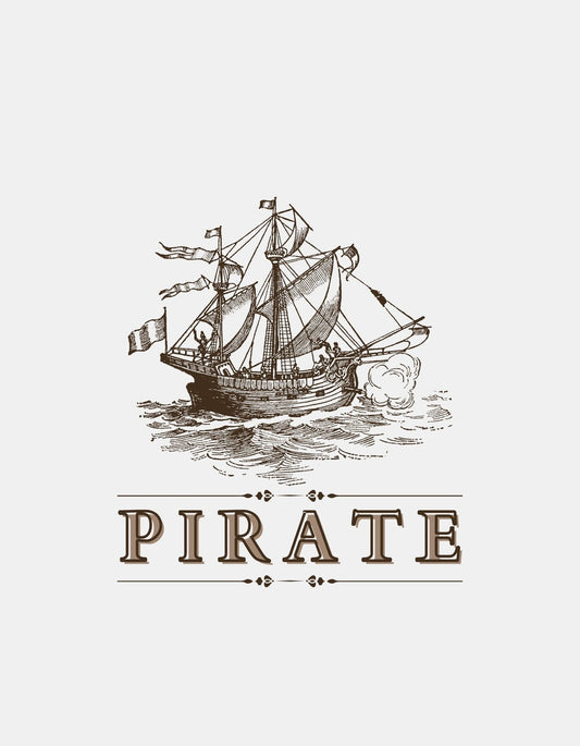 Egy bátor kalózhajó halad a hullámokon, vitorláit a szél dagasztja ki, miközben a "PIRATE" felirat alatt büszkén hirdeti a szabadságát. 