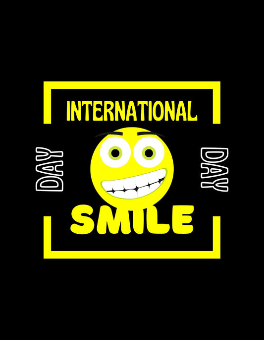 Egy vidám, nagy mosolygós sárga emoji középpontban, "INTERNATIONAL DAY OF SMILE" felirattal körbevéve, amely pozitív energiát sugároz. 