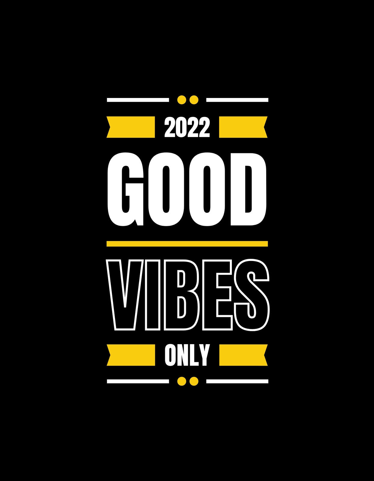 Fekete alapon, sárga és fehér betűkkel a "2022 GOOD VIBES ONLY" szöveg látható, kiemelve a pozitív hangulatot és energiát.