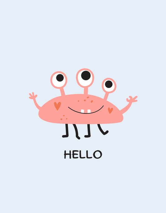 Egy kedves, mosolygó, rózsaszínű szörnyeteg látható három kerek, nagy szemével, kézzel integet és egy barátságos "HELLO" felirattal üdvözöl. 