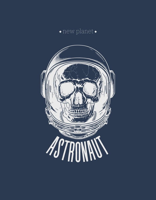 Egy űrhajós sisakban lévő koponyát ábrázol a kép, melyet úttörő stílusban, fehér vonalakkal rajzoltak meg sötétkék háttérre. A "new planet" és "ASTRONAUT" feliratokkal egy rejtélyes, felfedezésre váró világot sugall. 