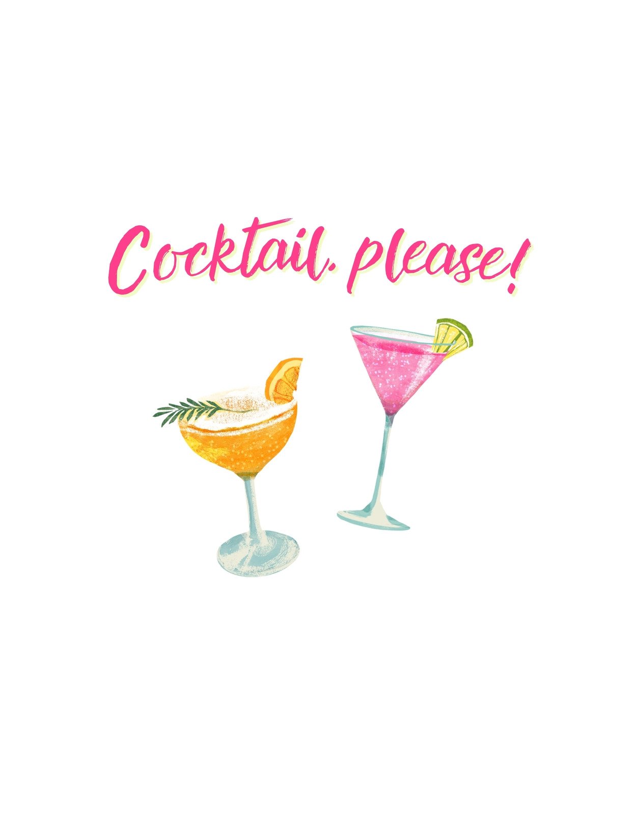 A képen két vidám, színes koktél látható, melyek mellett a "Cocktail, please!" felirat olvasható, sugallva a laza, bulis hangulatot. 