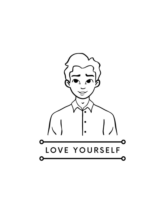 Egy mosolygó arcú, rajzolt figura ábrázolása, aki egy inget visel, az alján inspiráló üzenettel: "LOVE YOURSELF". 