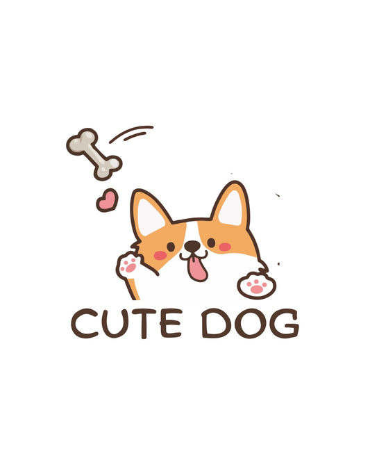 Aranyos kiskutya és csont motívummal díszített vidám dizájn. A képen egy boldog kutyus látható, szívvel és csonttal körülvéve, felirattal, amely "CUTE DOG" szöveget formáz. 