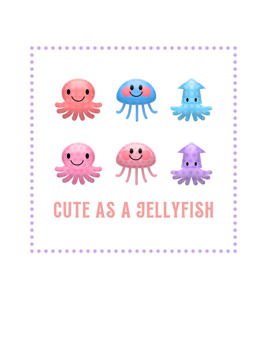 Egy cuki medúza rajz sorozat, különböző színekben és boldog arcokkal, "CUTE AS A JELLYFISH" felirattal. 