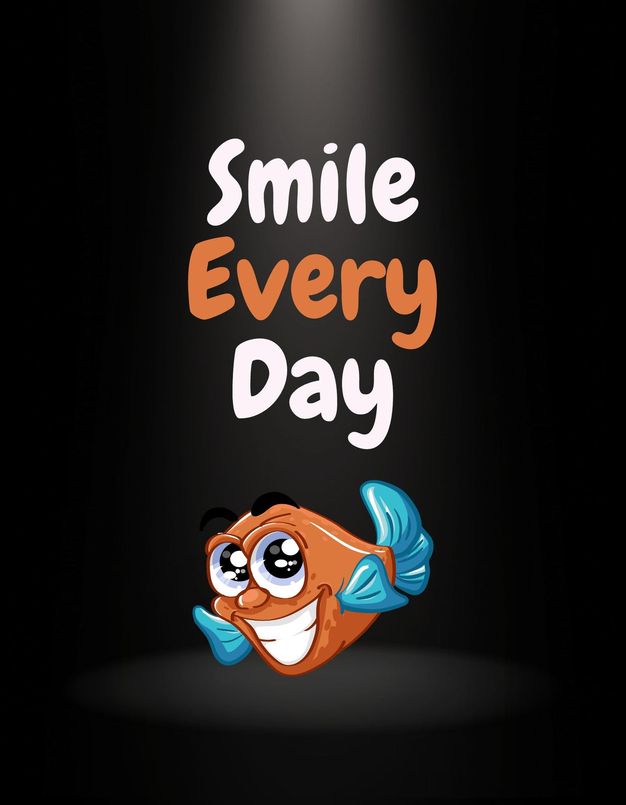 Egy vidám, színes design, amelyen egy mosolygó halfigura látható, "Smile Every Day" felirattal. A kép pozitív hangulatot áraszt, és arra ösztönöz, hogy minden napra találjunk okot a mosolygásra. 