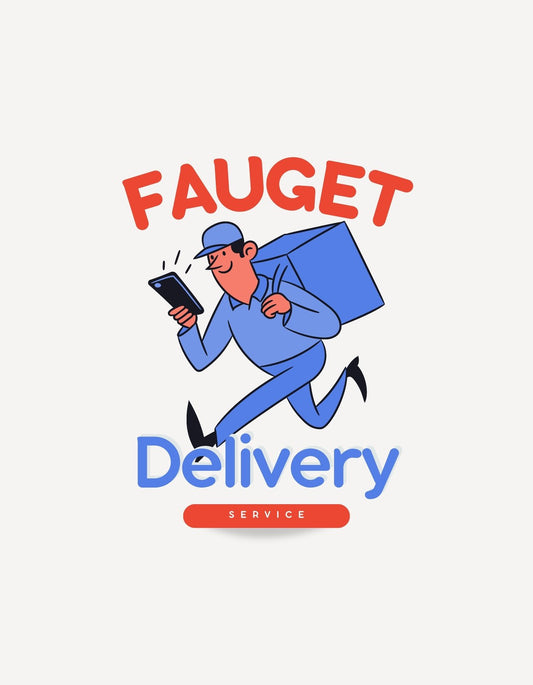 Egy lendületes futár figurája díszíti ezt a vidám hangulatú képet, aki lelkesen száguld a csomaggal és okostelefonnal a kezében. A "FAUGET" és "Delivery Service" felirat a gyors és megbízható kiszállítást szimbolizálja. 