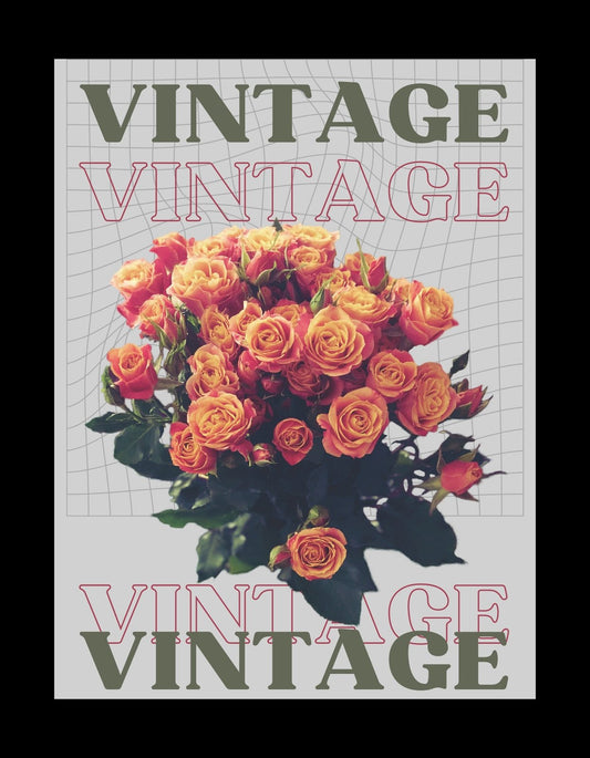 Egy csokor élénk vörös és narancs rózsát ábrázoló kép, háttérben rácsos mintával, fölötte és alatta vintage felirattal. 