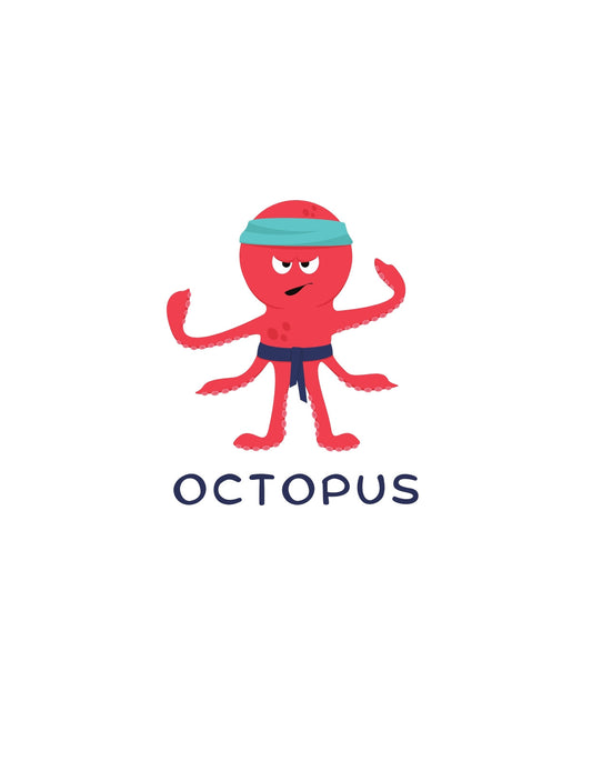 Egy vidám, piros polip látható a képen, sapkával a fején, és a betűkkel, hogy "OCTOPUS" alatta. 