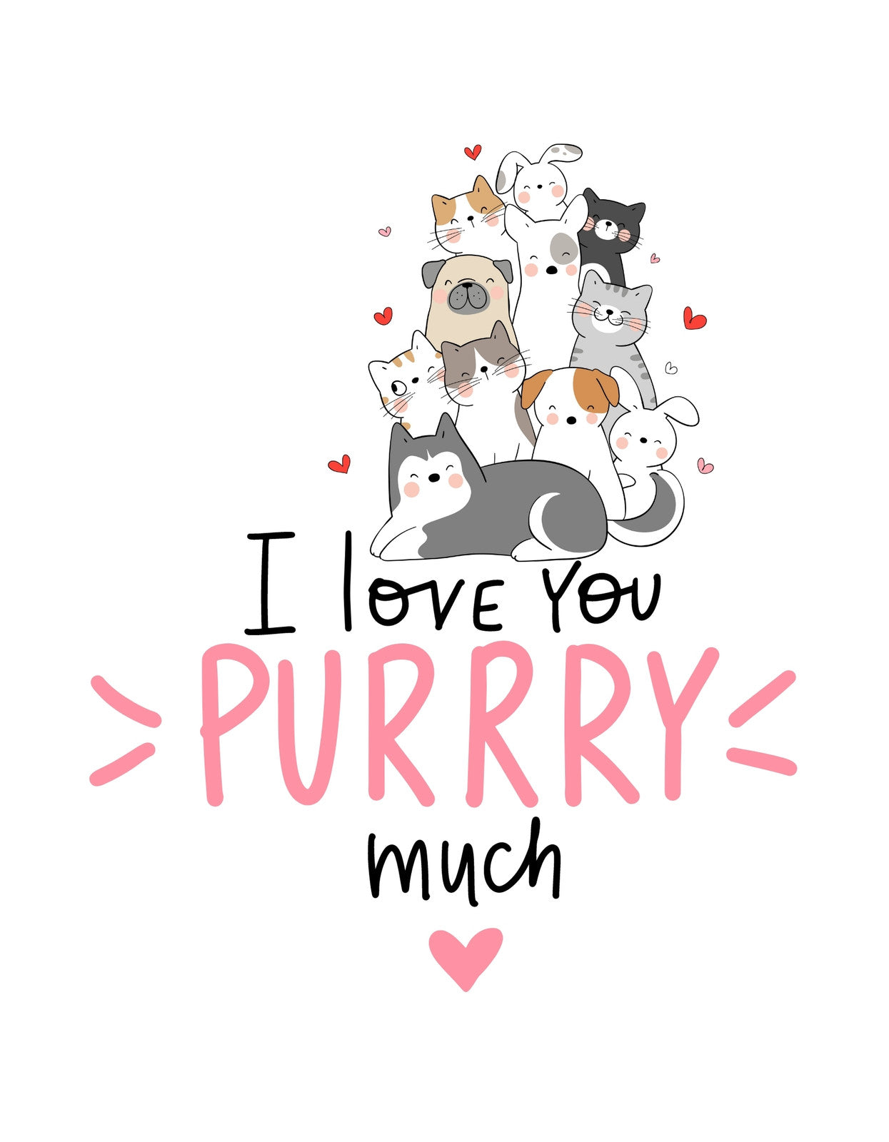 Aranyos cicák és kutyák csoportja, szívvel teli dizájnnal és a "I love you PURRRY much" felirattal. A minta játékos és szeretetteljes hangulatot áraszt. 