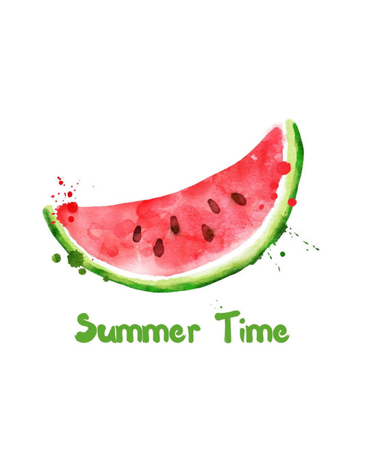 Egy ízletes görögdinnye szelet vízfesték illusztrációja, fröcsköléssel és a "Summer Time" felirattal. 