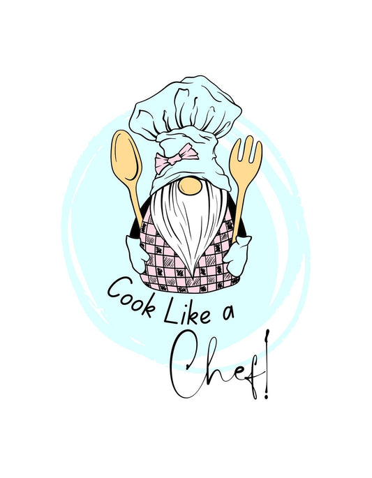 Az illusztráción egy cuki karikatúra séf látható, aki szakács sapkát visel és kezében fakanál és villa tart. A minta játékos és inspiráló feliratot tartalmaz: "Cook Like a Chef!" 