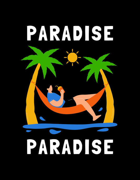 Egy függőágyban pihenő figura ábrázolása, két pálmafa között lógva, a napfényben, felül és alul a "PARADISE" felirattal. 