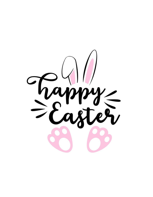 Vidám húsvéti hangulatot árasztó kép, melyen a "Happy Easter" felirat látható, nyuszifülekkel és mancsnyomokkal kiegészülve. 