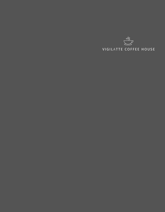 Egy minimalista dizájnnal ellátott kávés grafika, egy karakteres felirattal: "VIGILATTE COFFEE HOUSE". A letisztult formák és a kellemes színpaletta nyugodt, kávéházi hangulatot áraszt. 