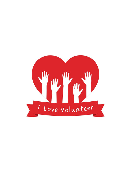 Egy nagy vörös szív háttérrel, és felemelt kezekkel, amelyek segíteni készülnek, valamint egy szalag, amelyen az "I Love Volunteer" szöveg olvasható. 
