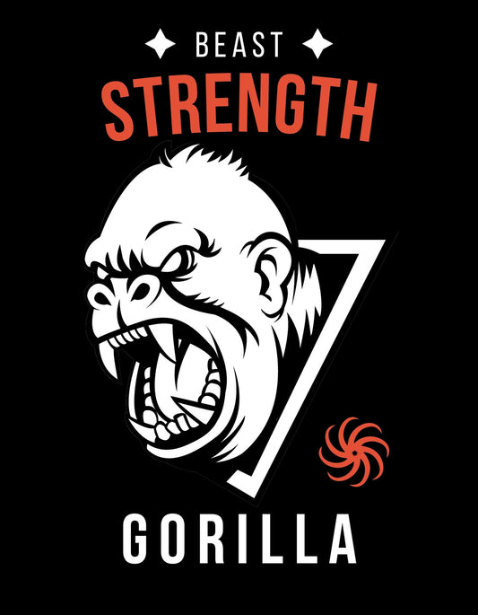 Erőteljes gorilla arckép uralkodik azon a grafikán, amely egy agresszív megjelenésű, ordító gorillát ábrázol, kiegészítve a "BEAST STRENGTH" és "GORILLA" feliratokkal, valamint egy figyelemfelkeltő számmal és egy apró ikonnal. 