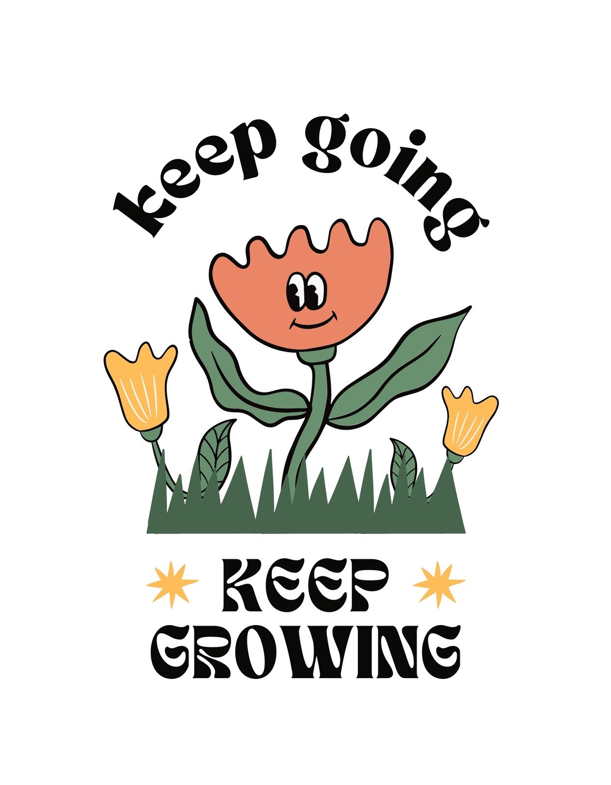 Egy vidám arccal rendelkező rózsa illusztrációja, körülvéve a "keep going" és "KEEP GROWING" feliratokkal, szimbolizálva a kitartást és növekedést. 