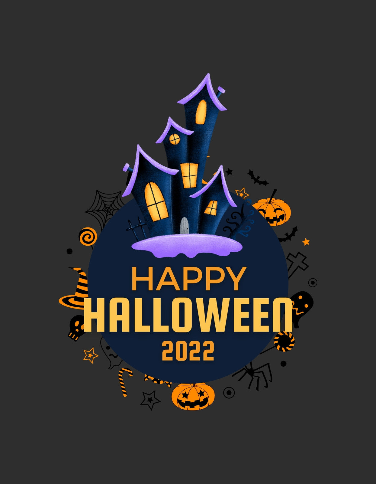 Egy gonosz mosolyú tök és egy sikolyt idéző kísértetkastély uralkodik ezen a képen, amelynek háttérját a "Happy Halloween 2022" felirat uralja. Egy igazi halloweeni hangulatot árasztó dizájn.