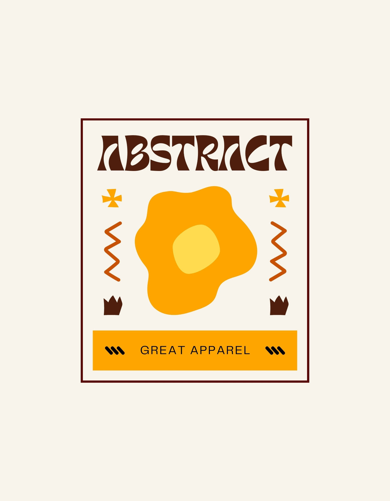 Az absztrakt design egyedi, sárga és barna árnyalatú foltokat, szimbólumokat és az "ABSTRACT" és "GREAT APPAREL" feliratot tartalmazza, mely vibráló és modern megjelenést kölcsönöz. 