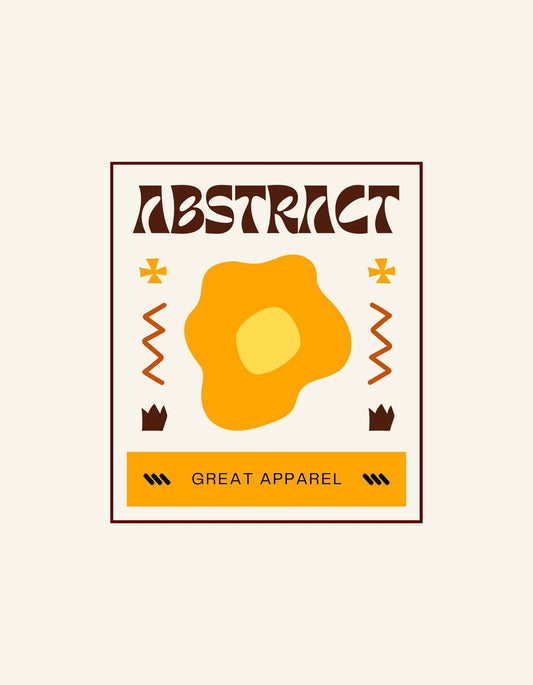 Az absztrakt design egyedi, sárga és barna árnyalatú foltokat, szimbólumokat és az "ABSTRACT" és "GREAT APPAREL" feliratot tartalmazza, mely vibráló és modern megjelenést kölcsönöz. 