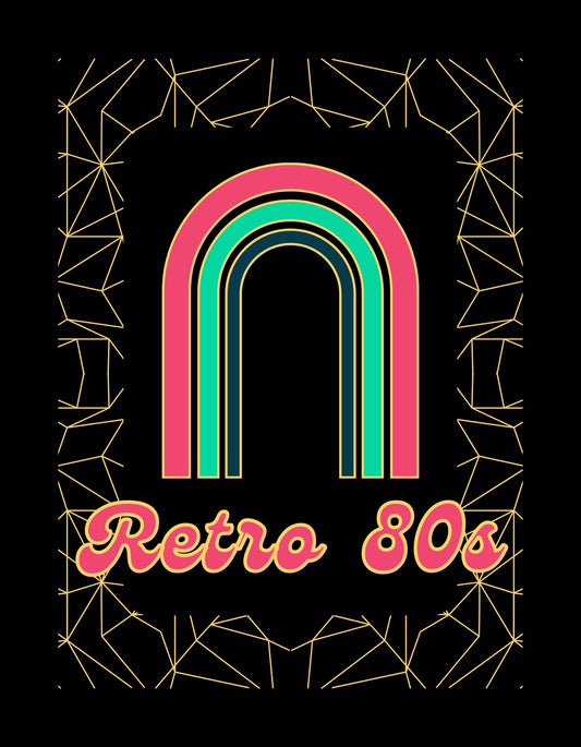 Egy szivárványívet és a "Retro 80s" feliratot ábrázoló dizájn, ami az 1980-as évek hangulatát idézi. A háttér sötét, melyet a neon hatású elemek tesznek élénkké.