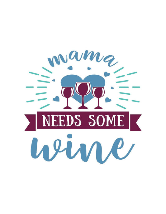 Egy vidám és játékos dizájn, amely egy szívekből álló háttér, poharak és a "mama needs some wine" feliratot ábrázol. 