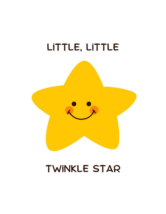 Egy mosolygó sárga csillag szerepel a képen, "LITTLE, LITTLE TWINKLE STAR" felirattal. 