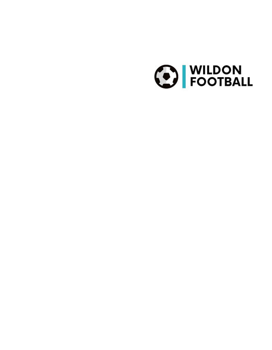 Minimalista foci design, letisztult megjelenése a képnek - egy stilizált labda az oldal tetején, mellette modern betűtípussal a "WILDON FOOTBALL" szöveg. 