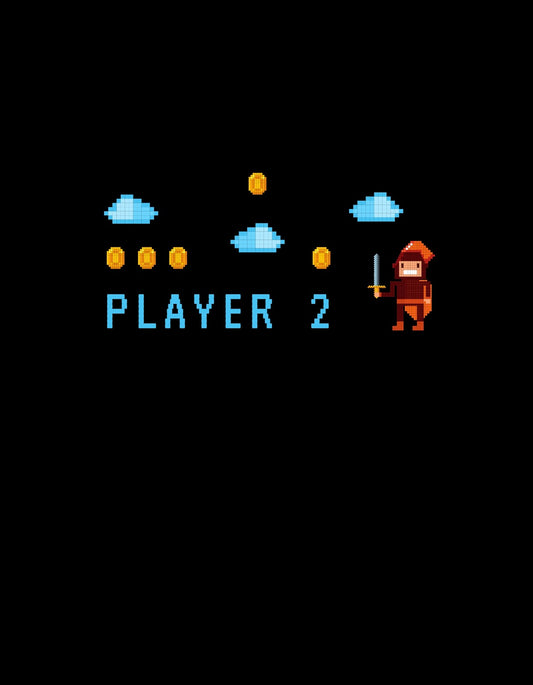 Egy nosztalgikus videojáték-hangulatot árasztó pixelgrafikás dizájn, ahol egy karakter esőben áll, felhők és pénzérmék körében, a "PLAYER 2" felirattal az alján.