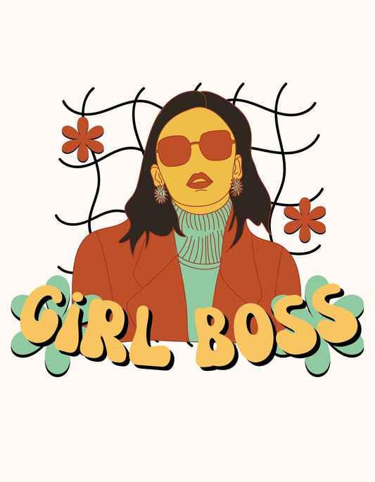 Egy magabiztos nőt ábrázoló grafika, napszemüvegben, virágokkal körülvéve, és a "GIRL BOSS" felirat hirdeti az önállóság és az erő üzenetét. 