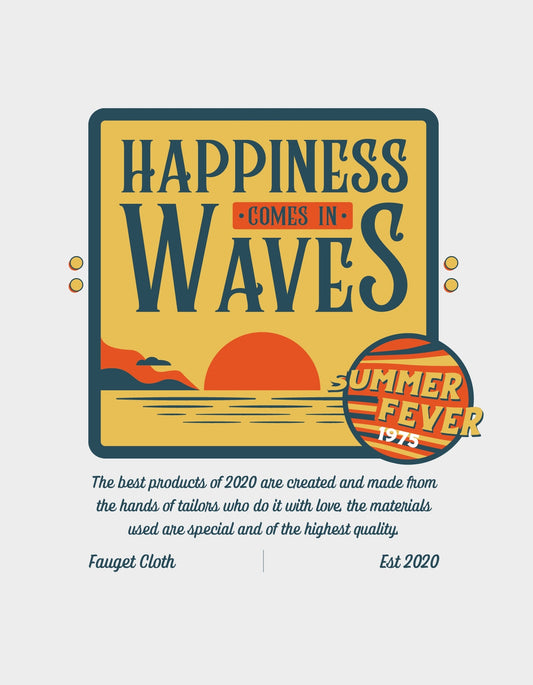 Retro nyári naplementés dizájn, mely boldogságot árasztó hullámokban úszik. A hátteret narancssárga naplemente és tenger hullámai uralják, kiegészítve a "SUMMER FEVER 1975" felirattal.